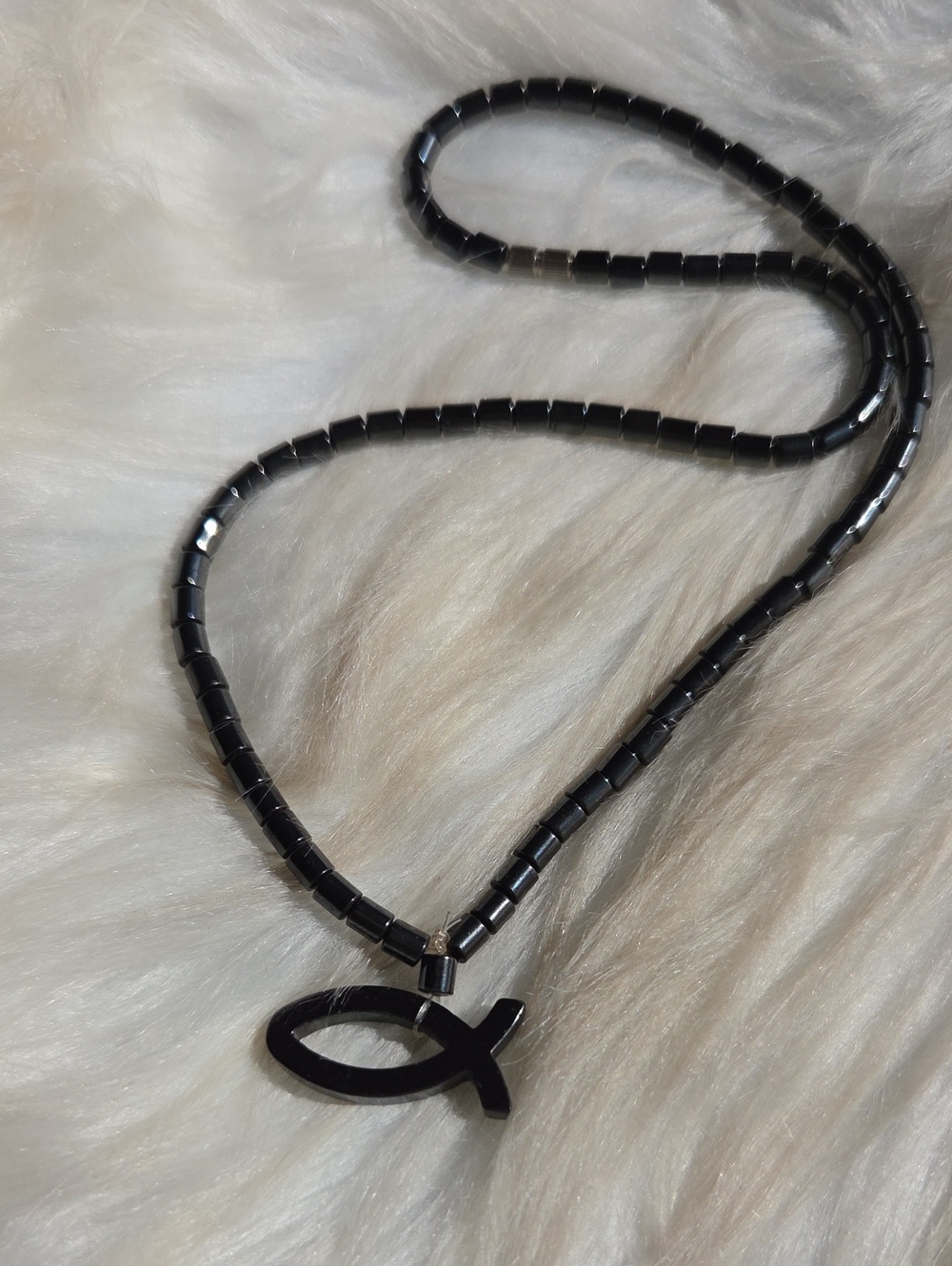 Faith Fish Hematite Pendant Beaded Necklace - Black